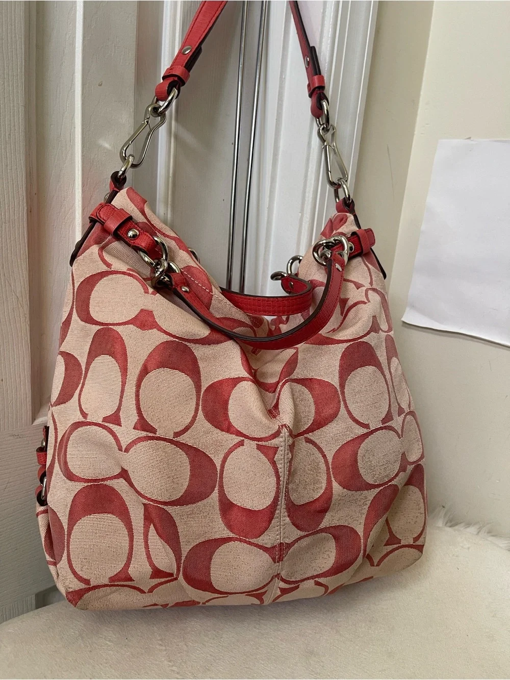 Coach Red Signature Canvas Shoulder Bag with Leather Trim